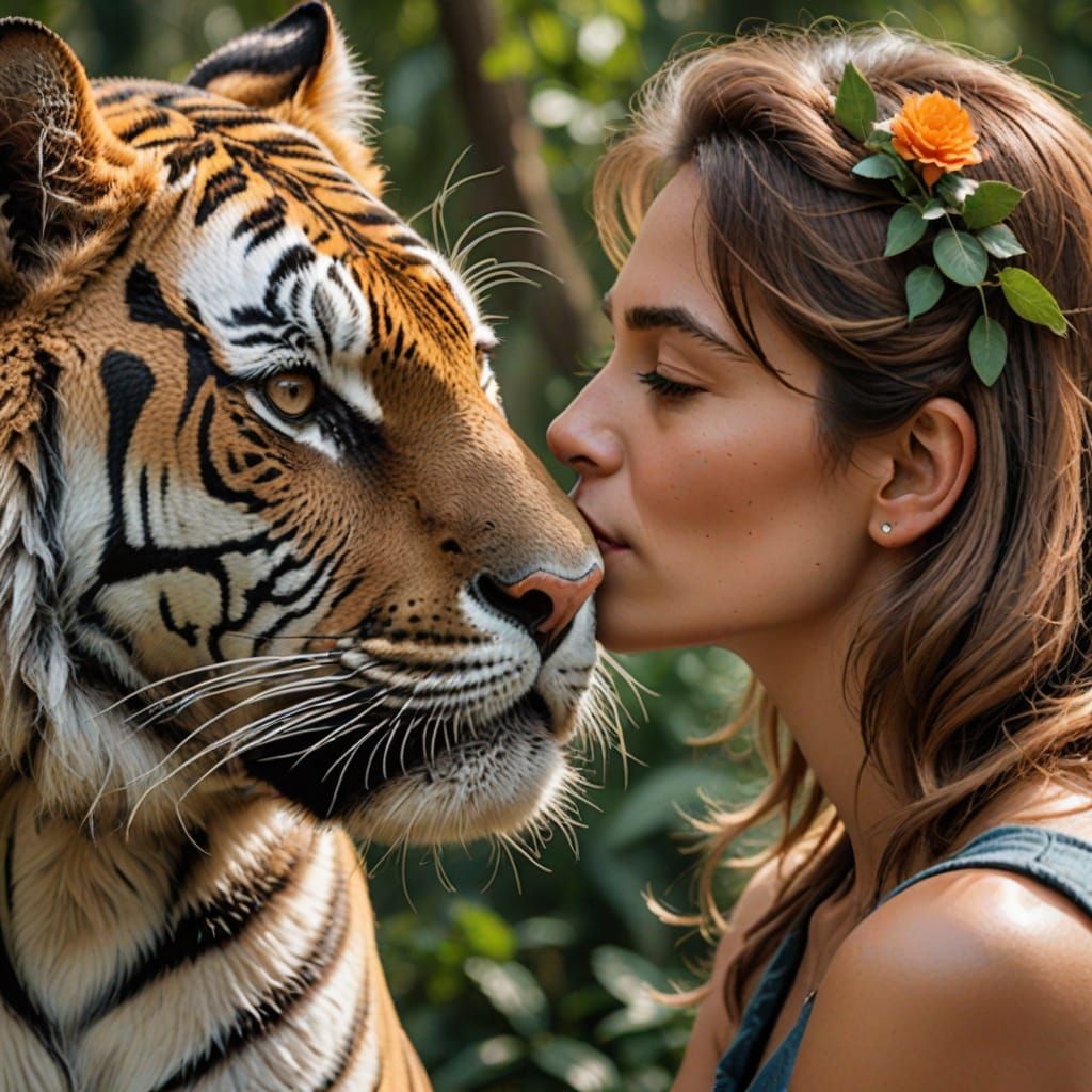 A Woman and Tiger Share a French Kiss