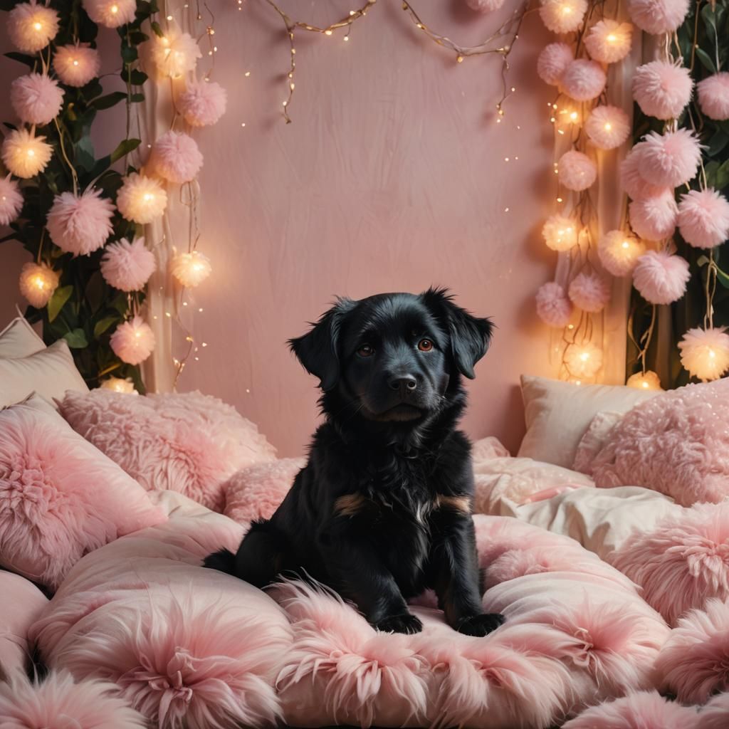 Black Dog in Pink Pillows: Whimsical Fantasy Art