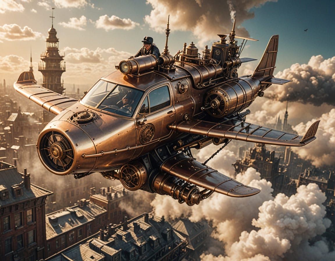 Steampunk Flying Car Soaring Through Golden Sky