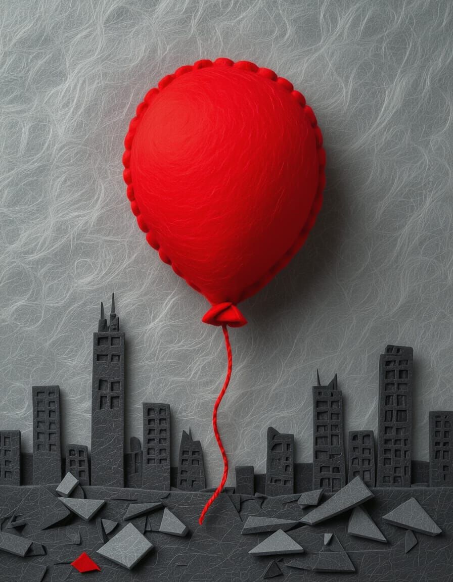 Red Felt Balloon Over Dystopian City in Hyperrealism