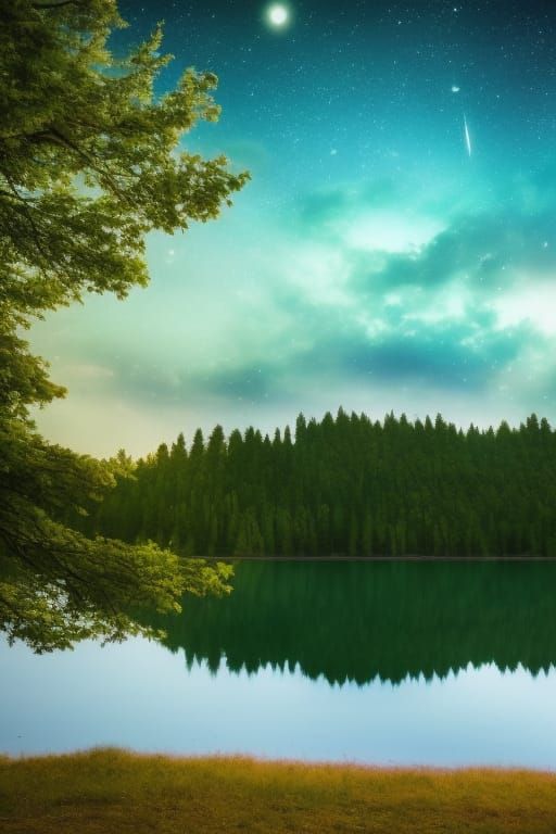 Moonlit Night Sky Reflection Over Lake