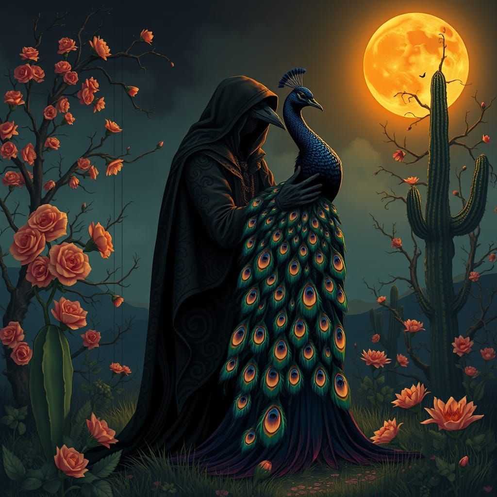 Ethereal Curandera Raven and Mother Goose in a Moonlit Garde...