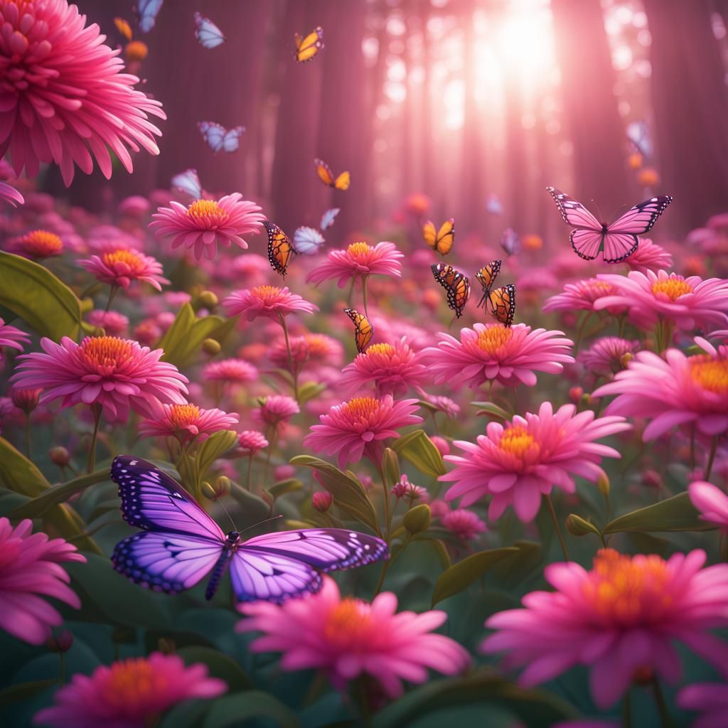 Flowers National Park: Glitter Butterflies in 3D Digital Art