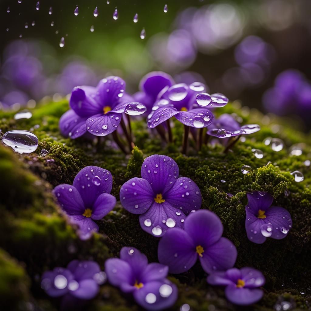 Blooming Violets with Raindrops, Detailed Photography