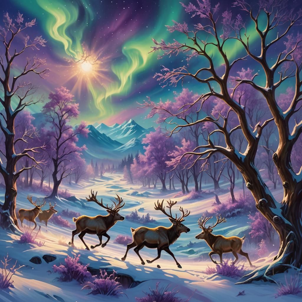 Reindeer in Frozen Wasteland: Kinkade-Inspired Oil Painting