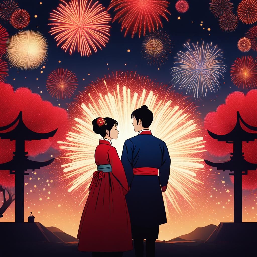 Romantic Korean New Year Fireworks Scene