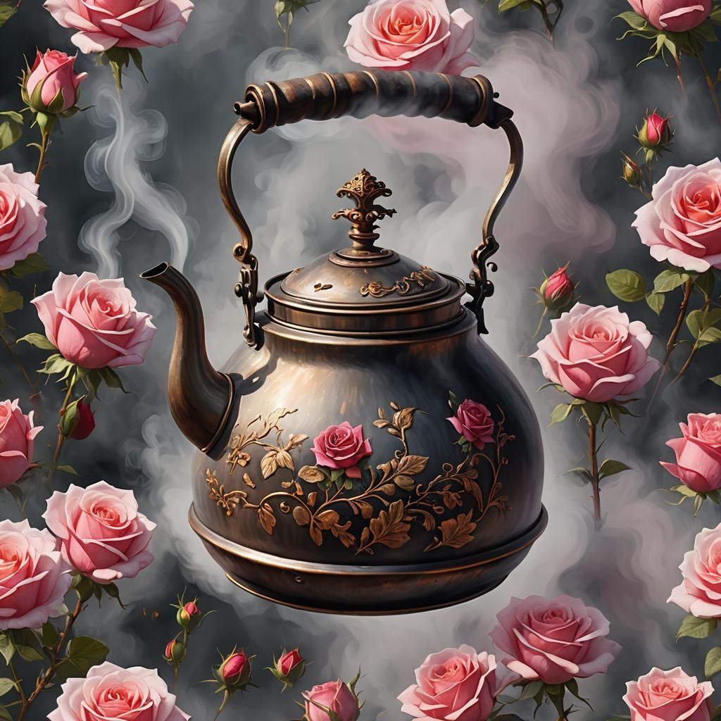 Steaming Kettle Creates Rose: Digital Illustration