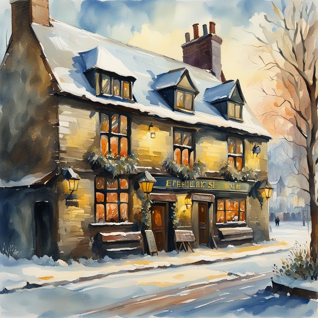 Winter at an Old English Pub as Gouache Painting