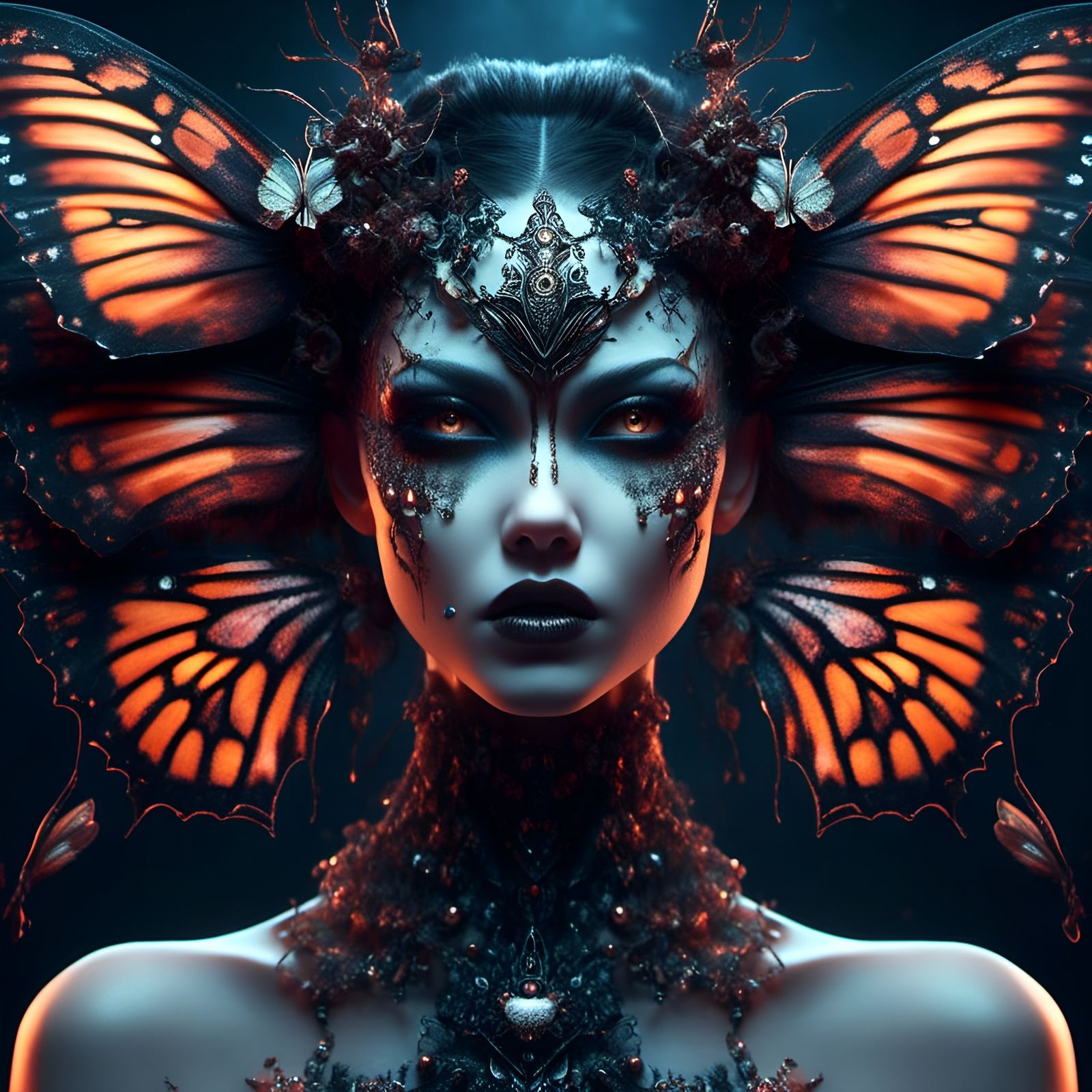 Surreal Horror Portrait: Ferocious Butterfly Girl Hybrid