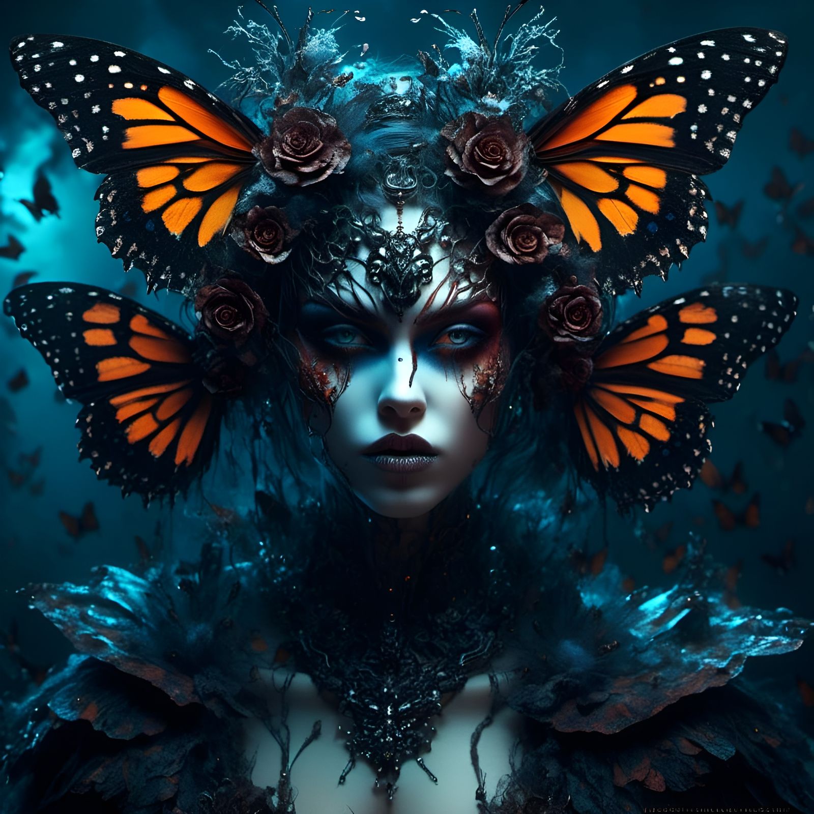 Surreal Hybrid: Ferocious Butterfly Girl Portrait