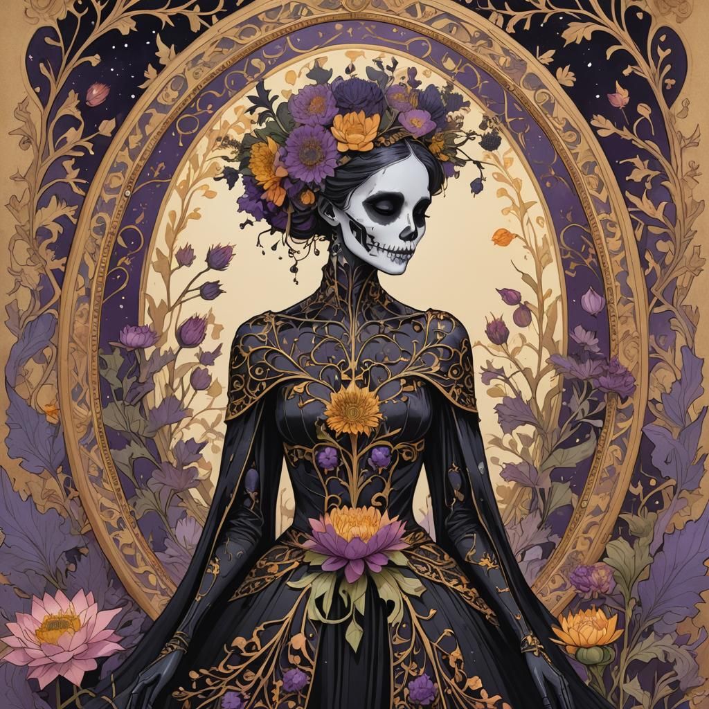 Skeletal Figure with Flowers in Dark Fantasy Art