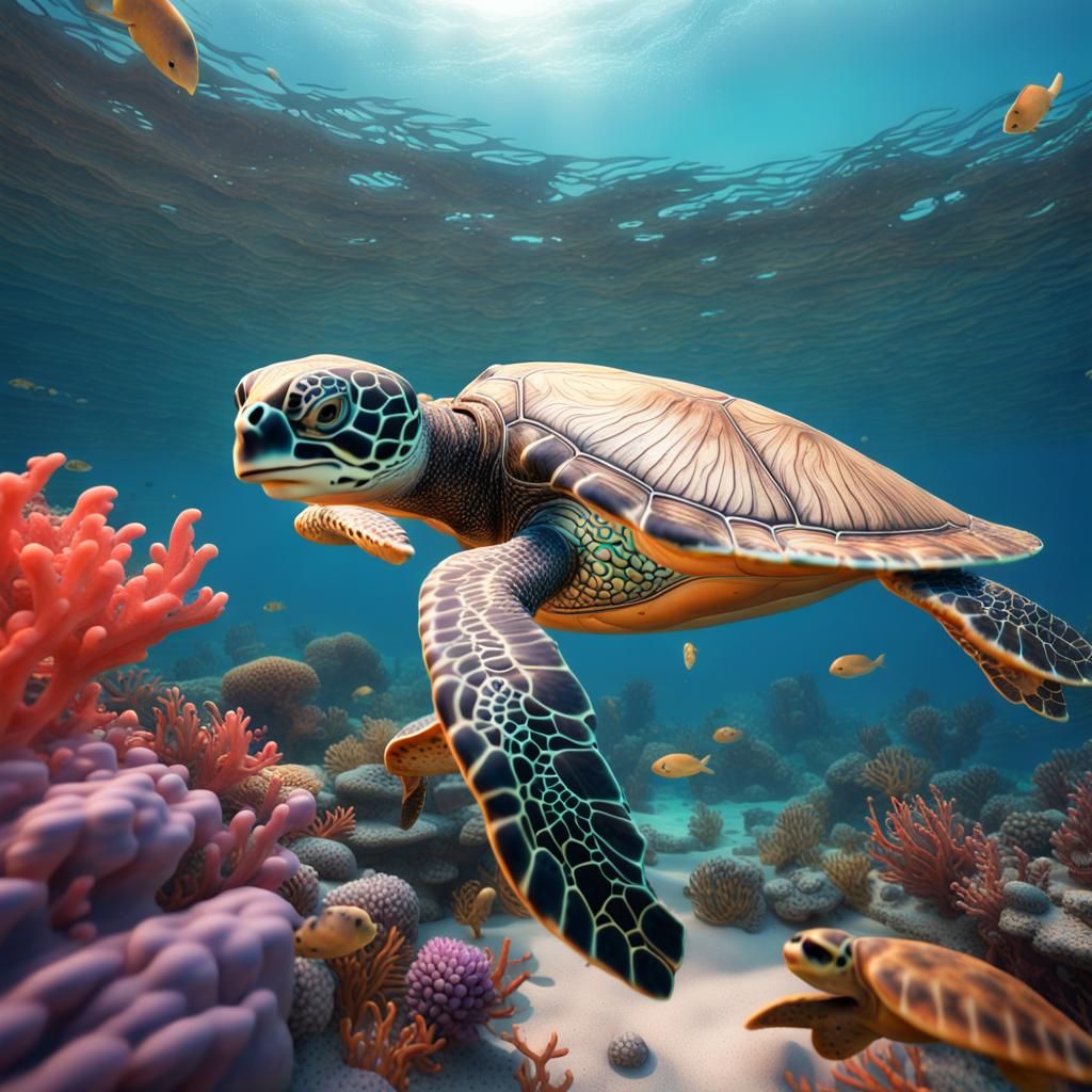 Sea Turtles with Baby in Coral Reef Art