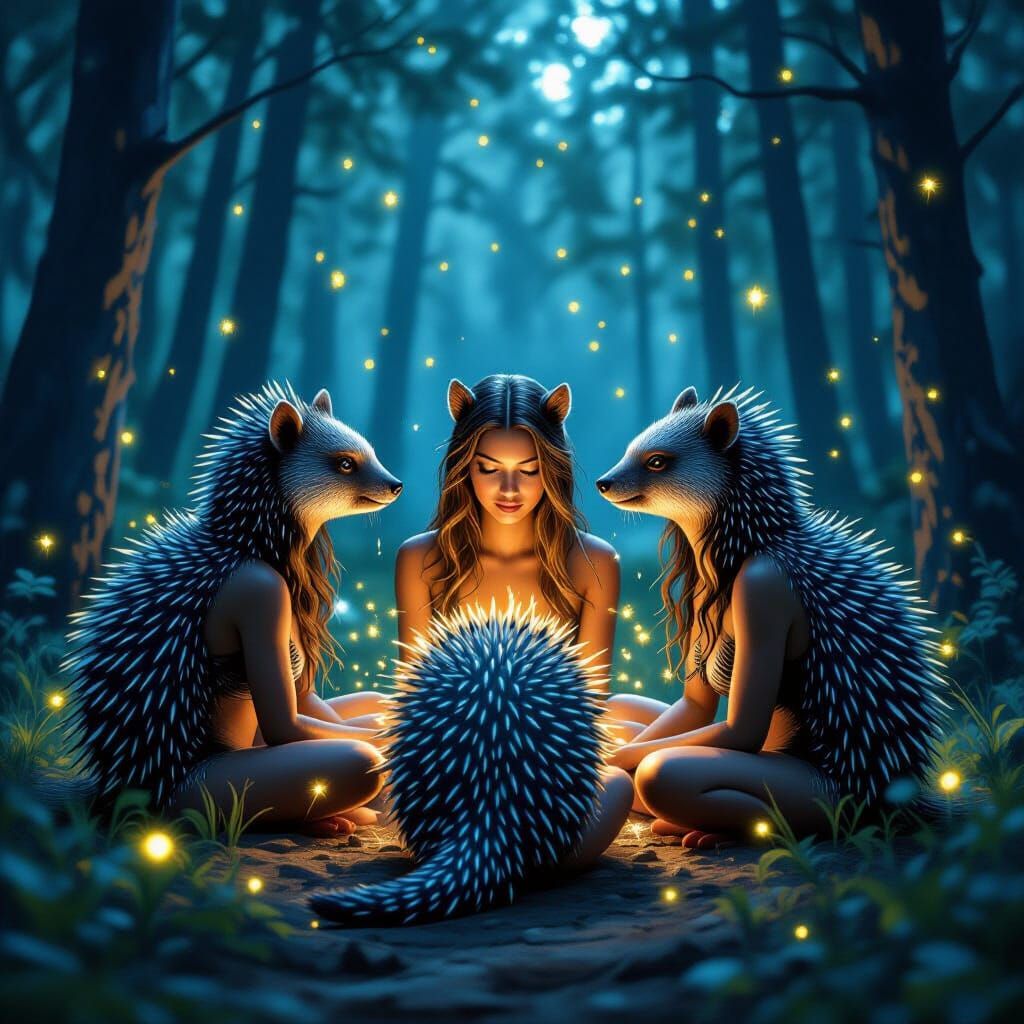Hybrid Porcupine Women in Starlit Forest