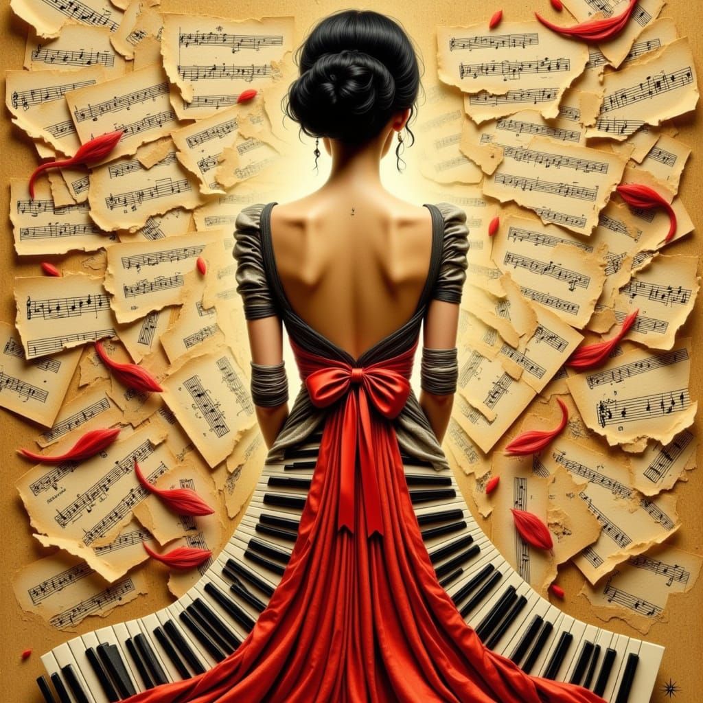 Surreal Woman in Flowing Dress Transforms into Piano Keys