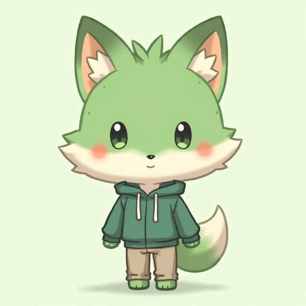 Green Chibi Fox Mascot in Anime Style