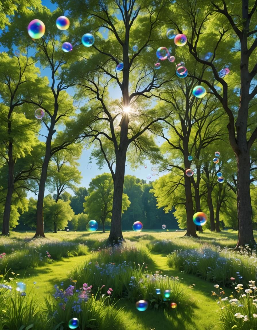 Tranquil Meadow with Bubbles and Sunbeams