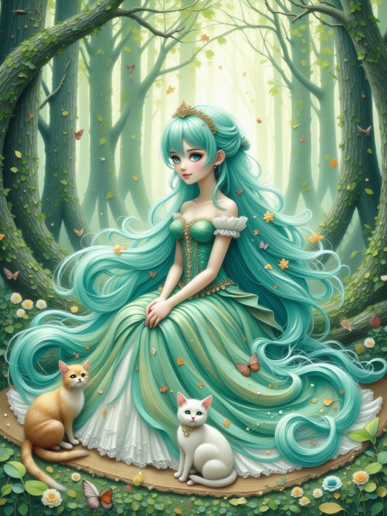 Anime Princess with Teal Hair and Cat in Forest