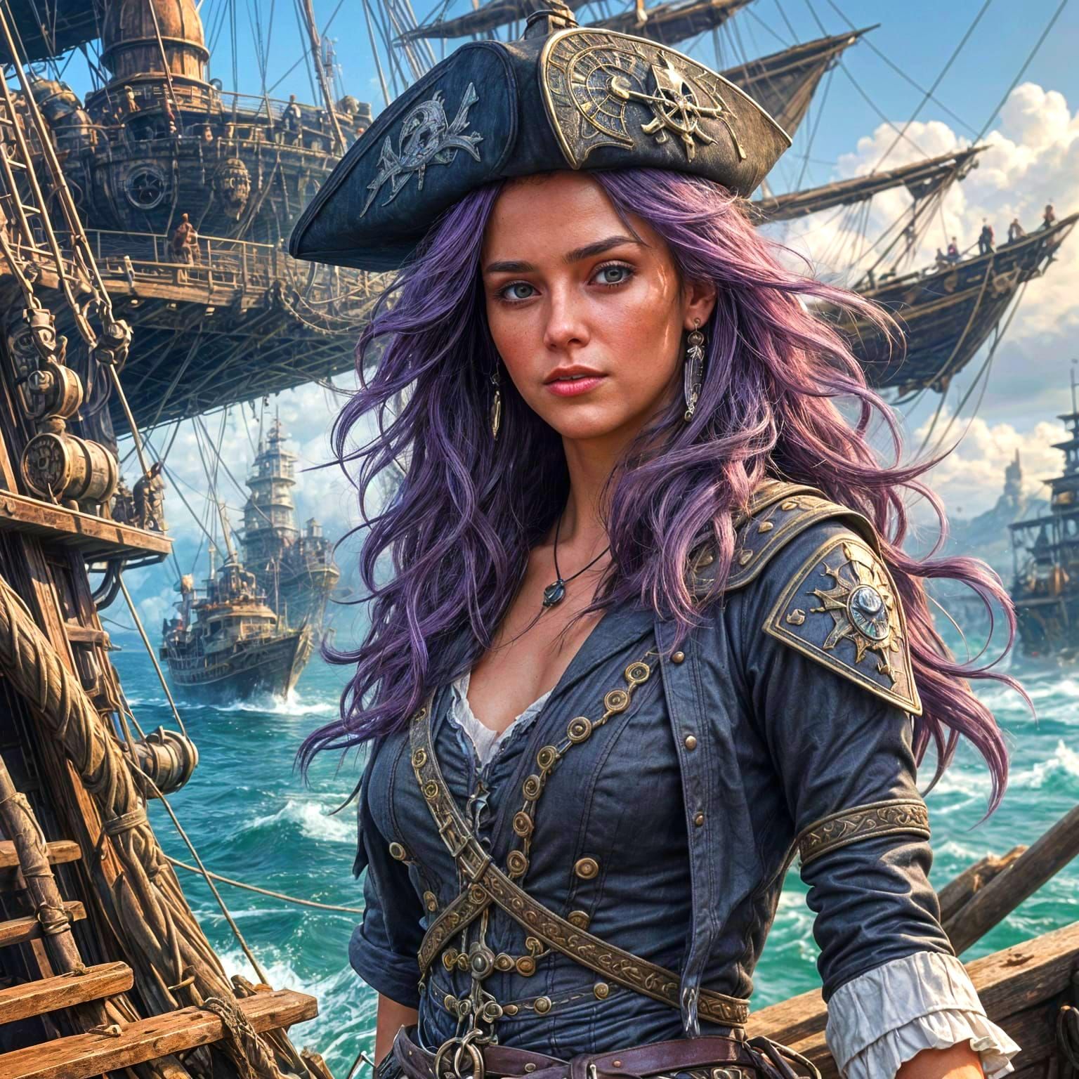 Lilac-Haired Pirate on Pier: Dark Fantasy Concept Art