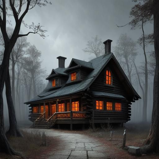 Scary Halloween Log Cabin in Woods, Sinister Matte Painting