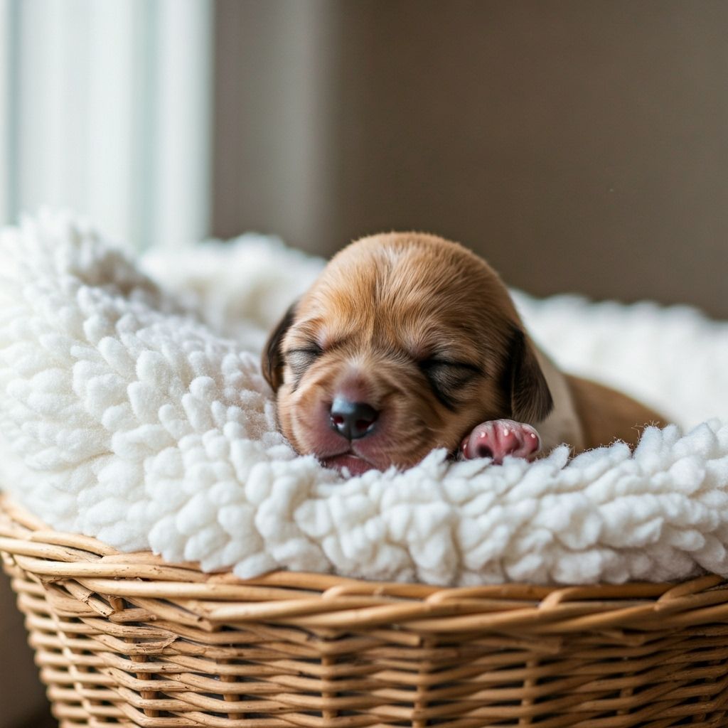 Sleeping Newborn Puppy in Basket, Photorealistic Style