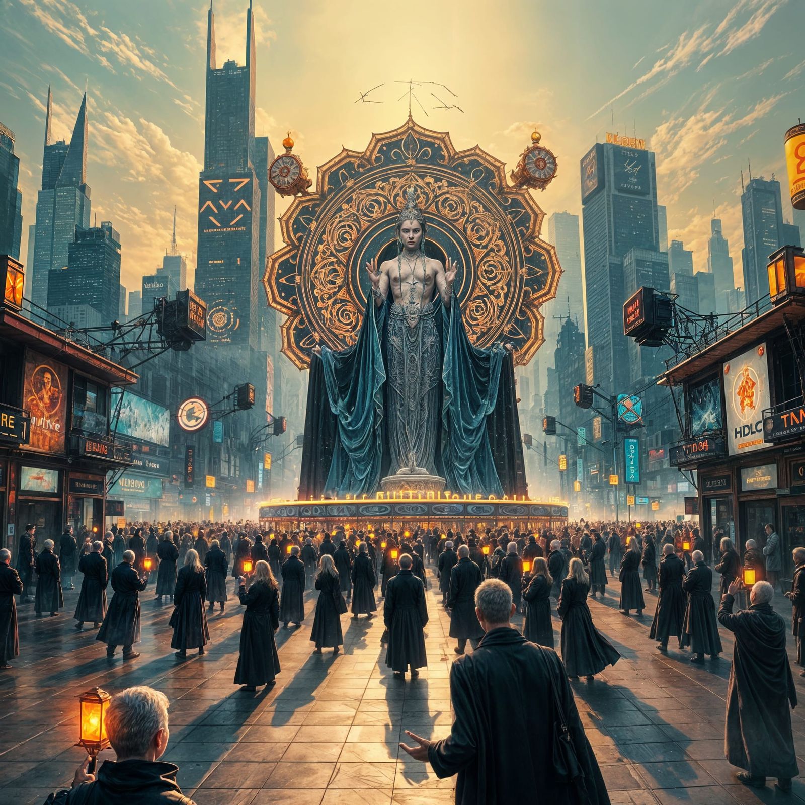 Surreal Neon God Worship Scene in Alcohol Ink Style