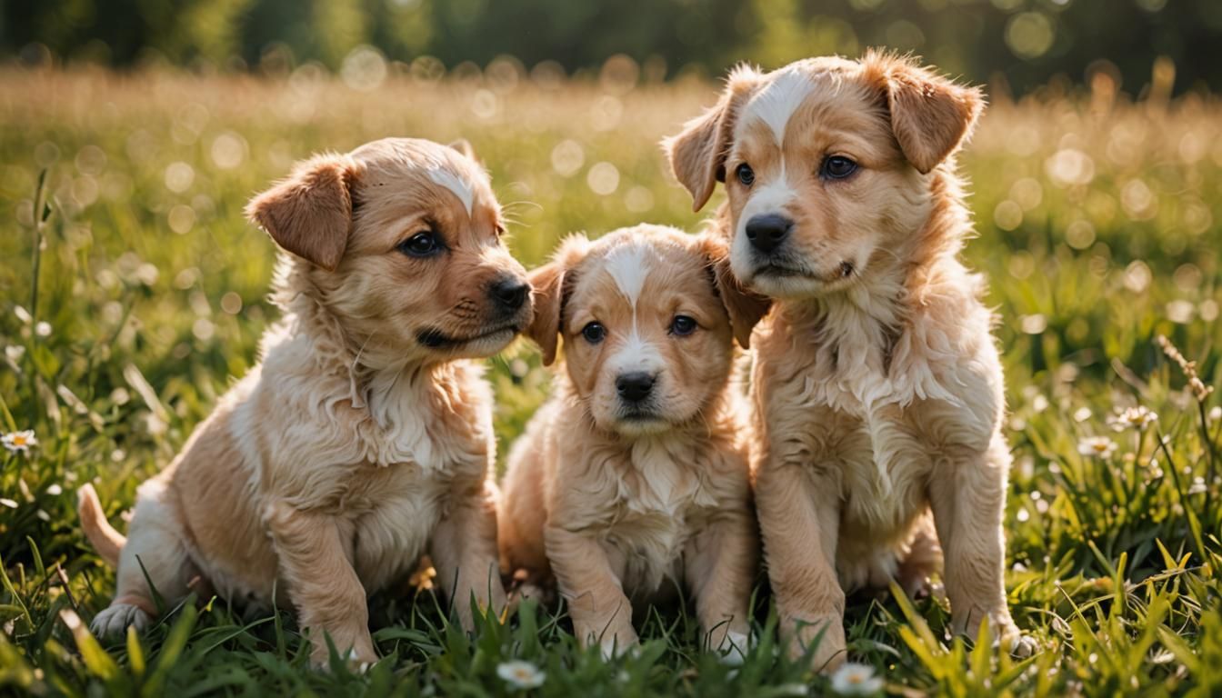 Puppies Playing in Meadow: Close-Up Macro Shot