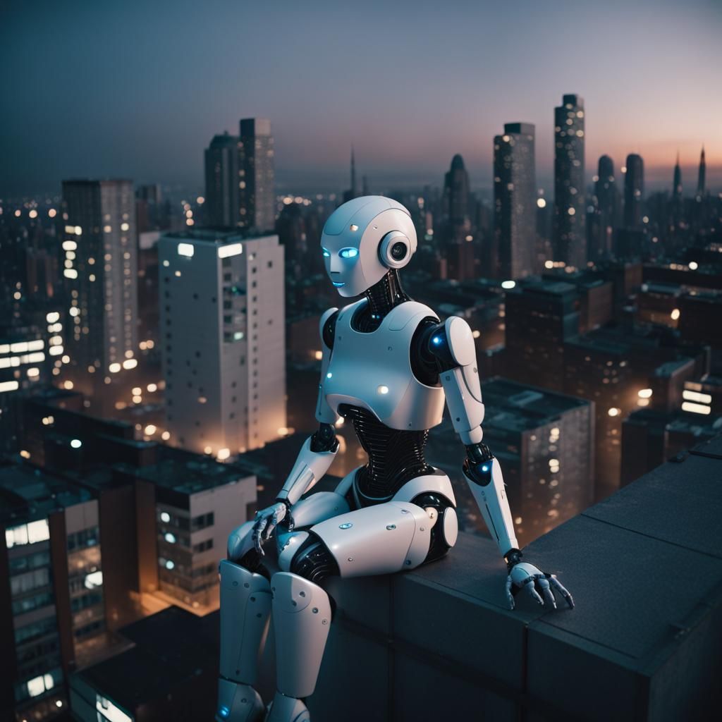 White Robot Sits Atop Neon City Skyscraper