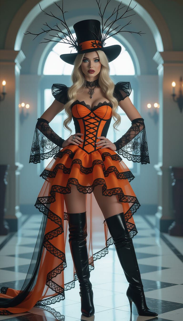 Blonde Model in Halloween Spiderweb Dress and Black Hat