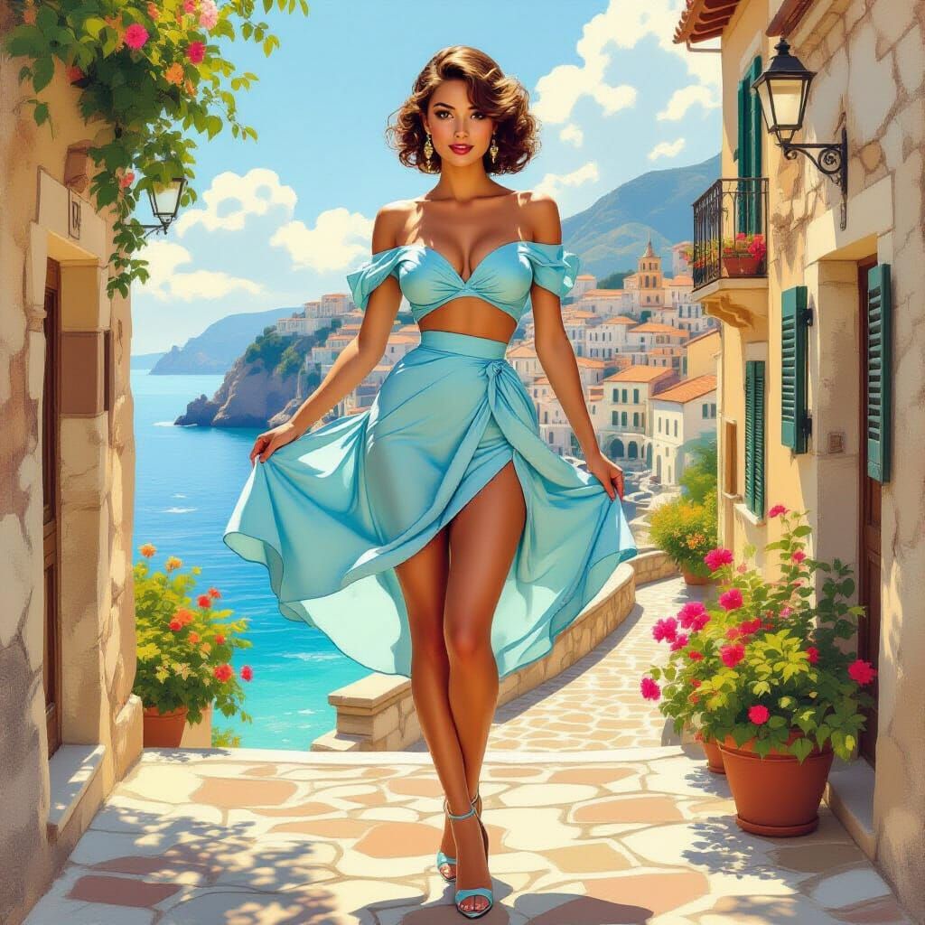 Sensual Woman in Italian Village, Art Nouveau Style
