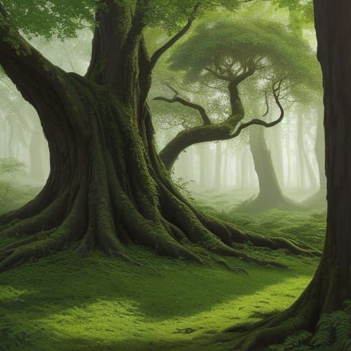 Majestic Ancient Tree in Vibrant Forest Landscape, Gouache S...