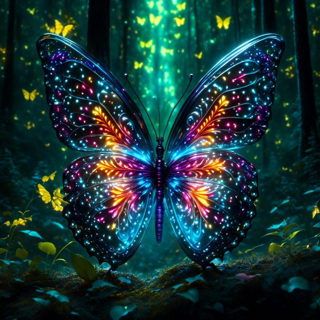 Glass Butterfly on Neon Flower in Enchanted Forest