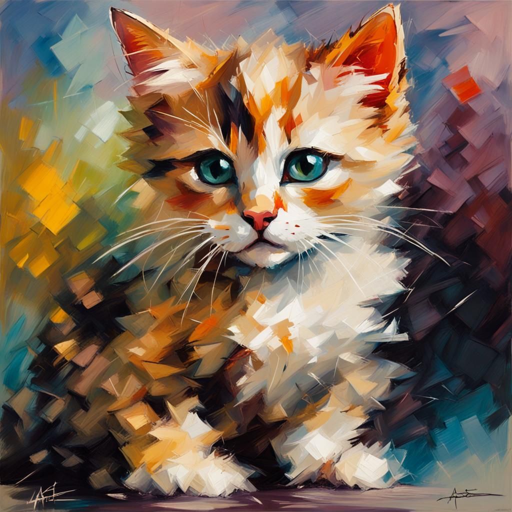 Colorful Kitten Art as Impasto Painting