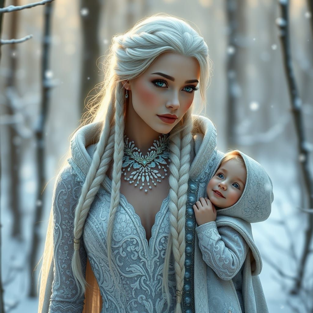 Winter Wonderland Goddess with Silvery Braids and Emerald Ey...