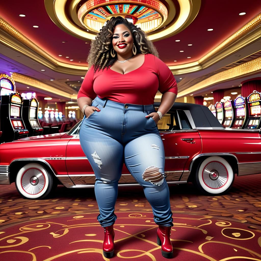 Obese Woman in Casino with Lowrider Jeans