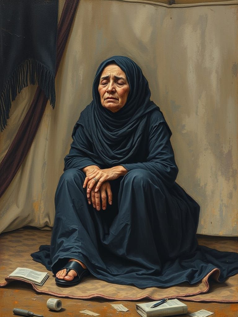 Desperate Old Woman Crying in Tent as Oil-Guache Drawing