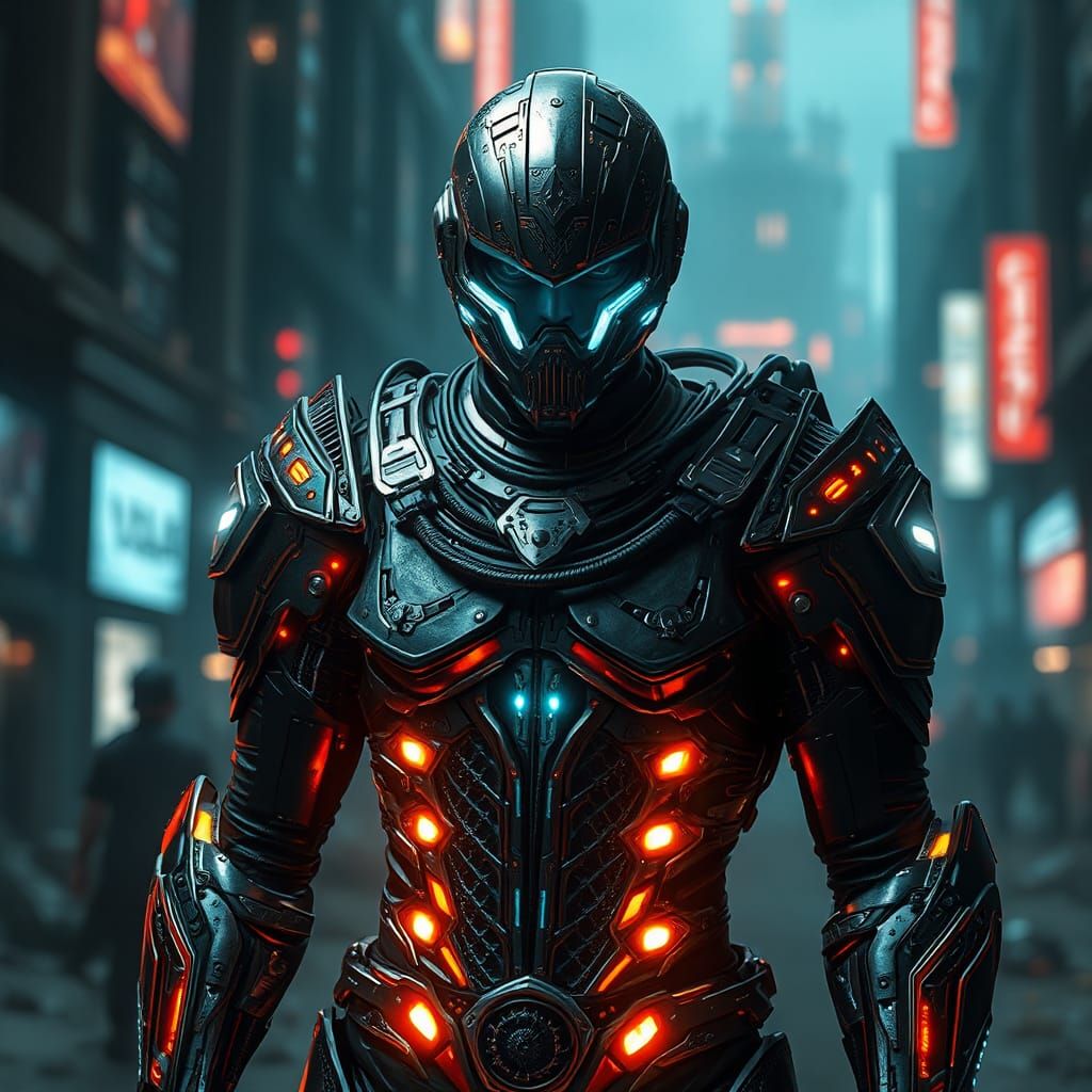 Cyborg Warrior in Neon Metropolis, Cyberpunk Art