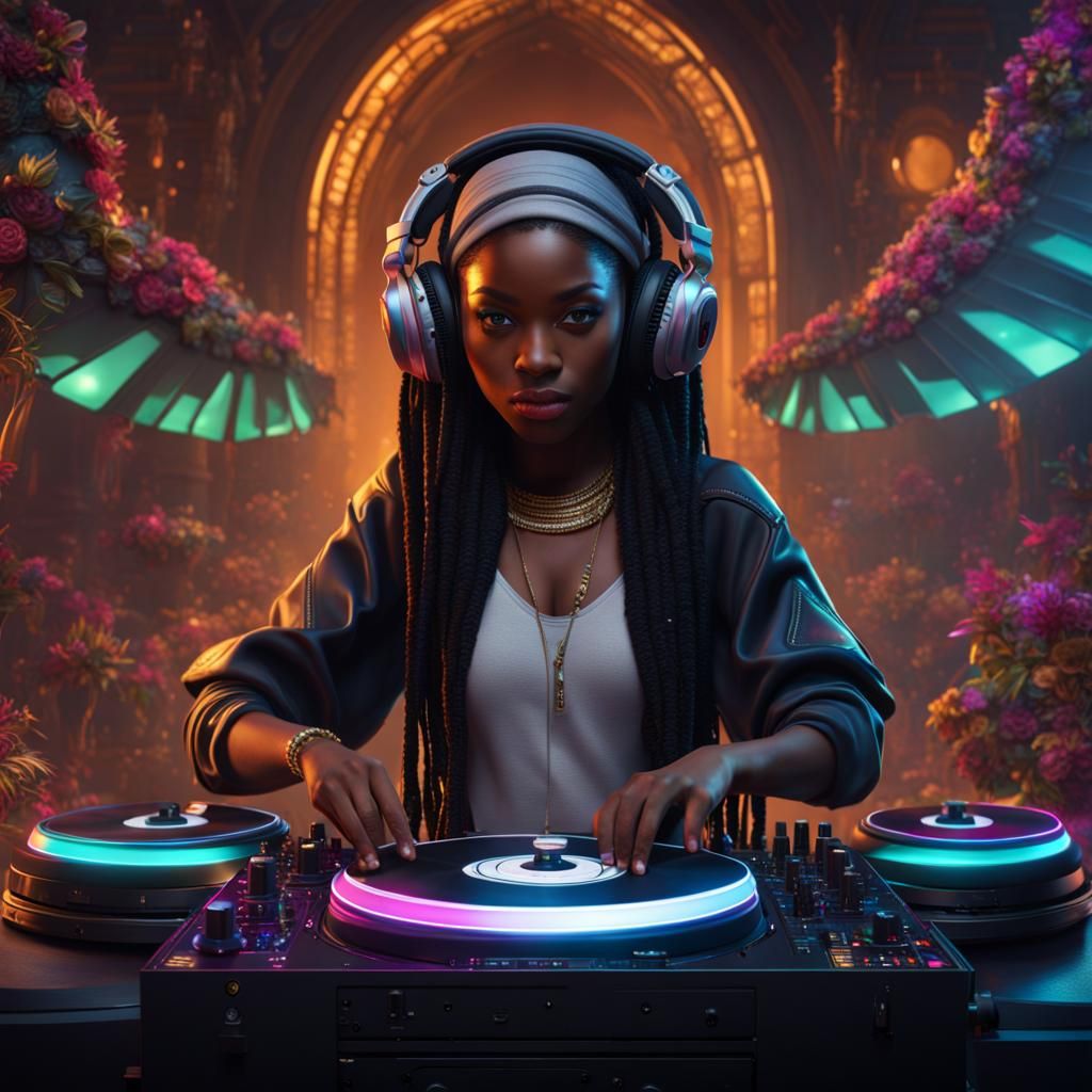 Black Girl DJ: Detailed Fantasy Concept Art
