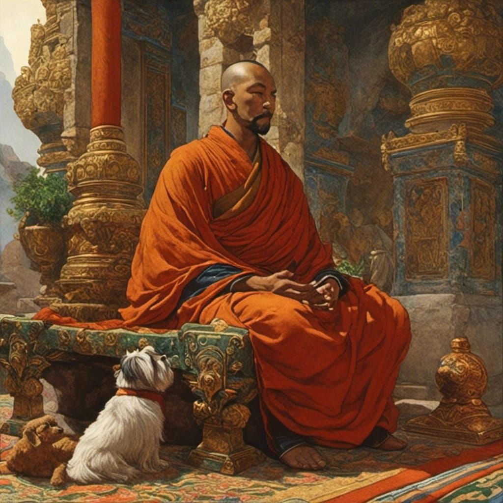 Tibetan Monk Praying with Shih Tzu: Fantasy Art