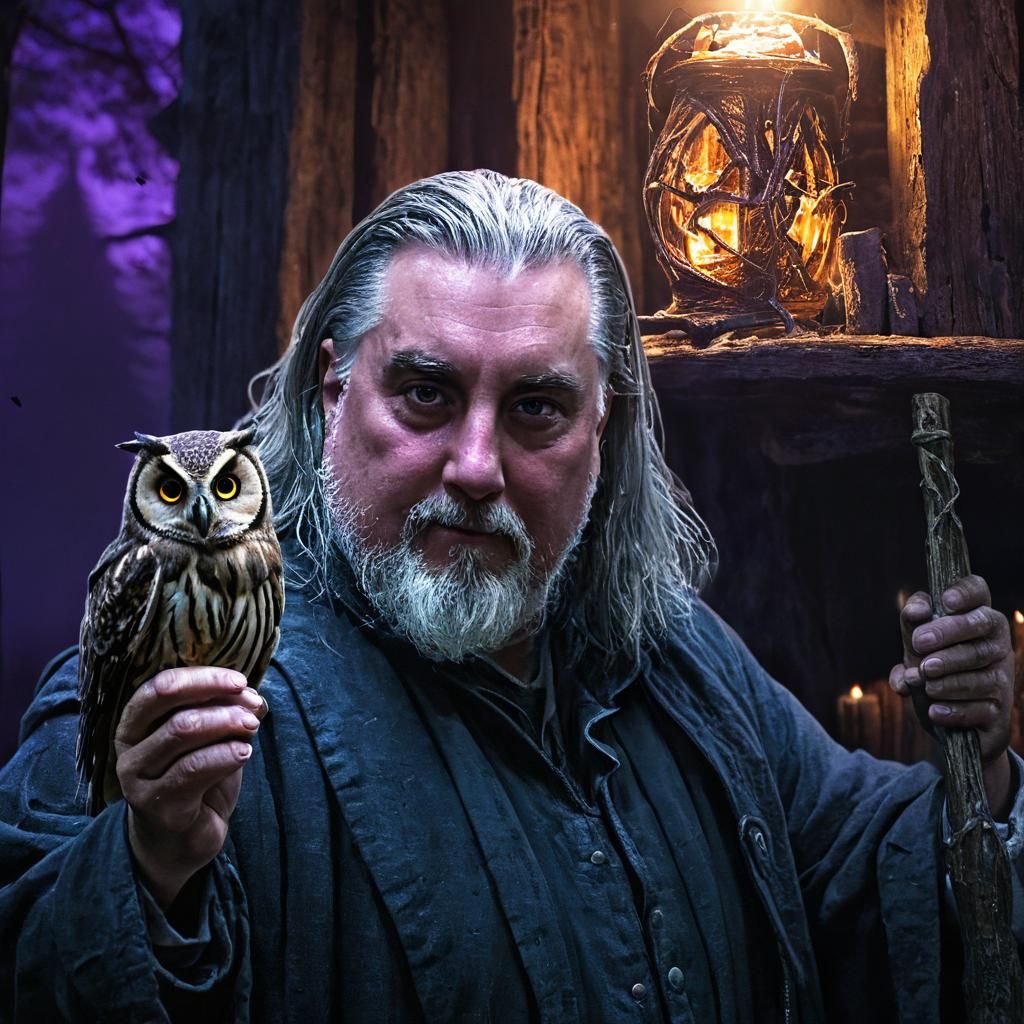 Mystical Wizard Casting Spells in Dark Forest Shack