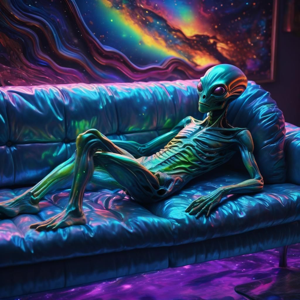 Space Alien on Couch in Surreal Cosmic Art