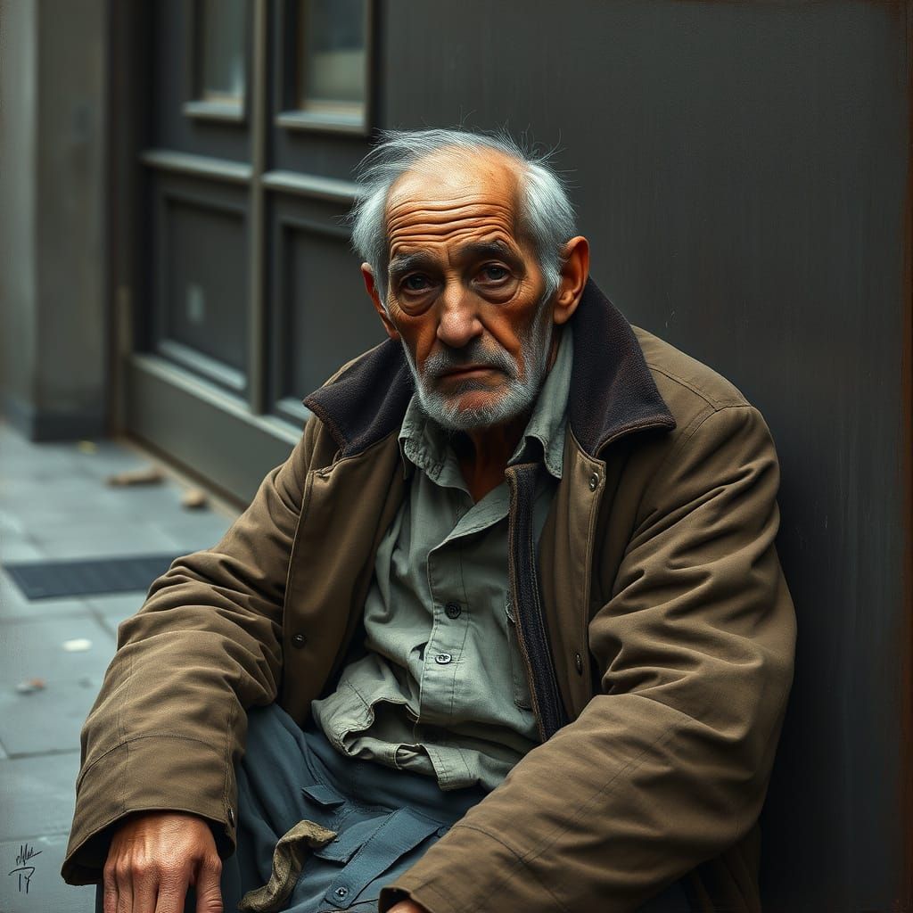 Elderly Man in Distress: Realistic Street Portrait