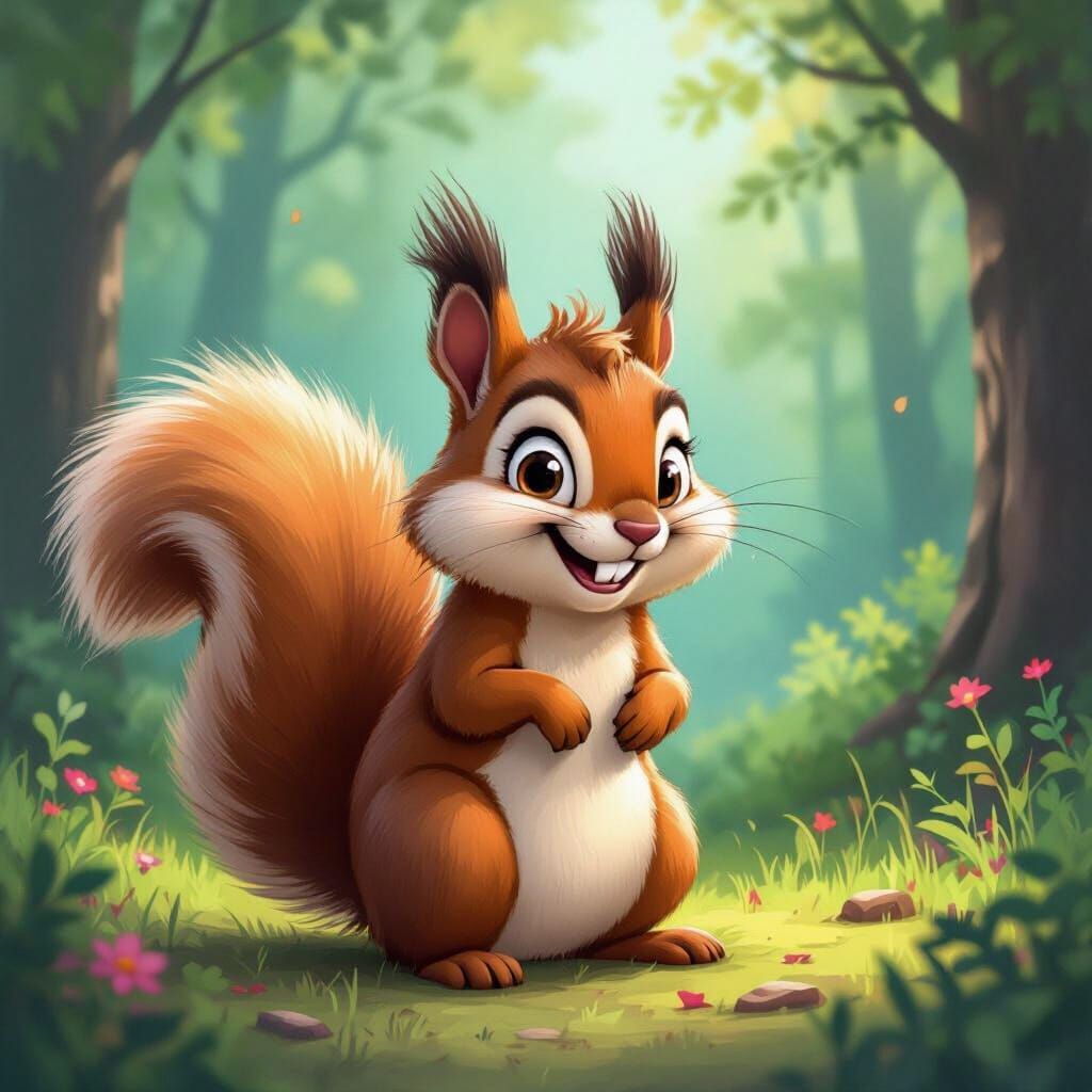 Mischievous Squirrel Grin in Whimsical Forest Illustration