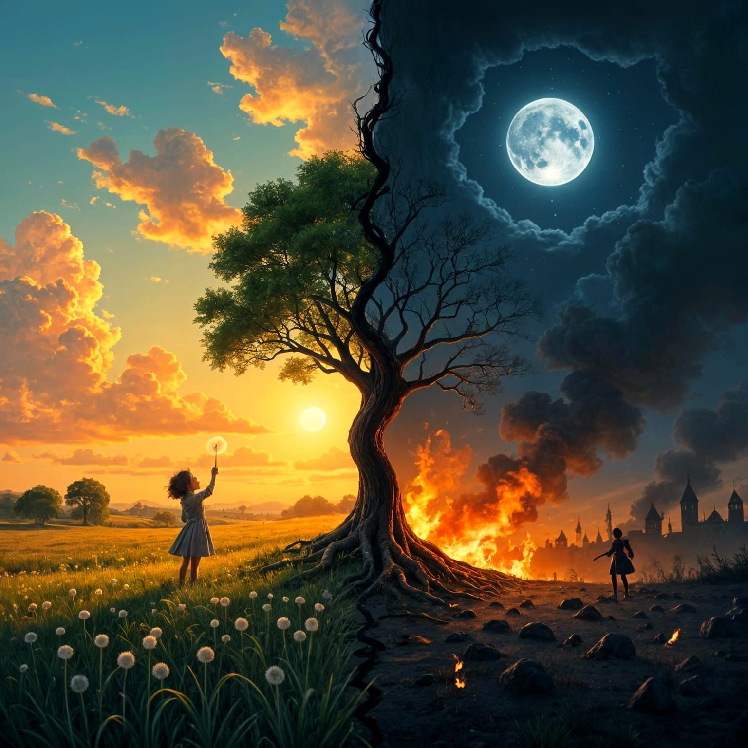 Day and Night: A Surreal Ghibli-Inspired Landscape