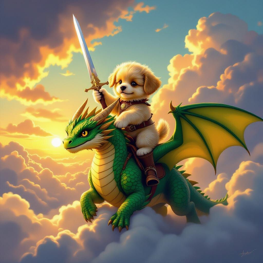 Golden Puppy Warrior Rides Emerald Dragon in Fantasy Art