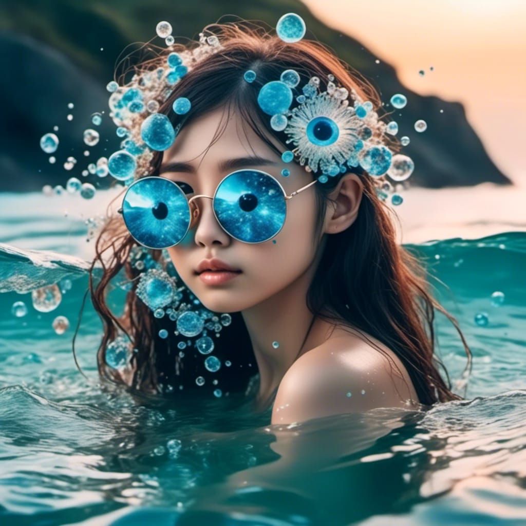 Japanese Woman with Blue Eyes on Sunny Beach