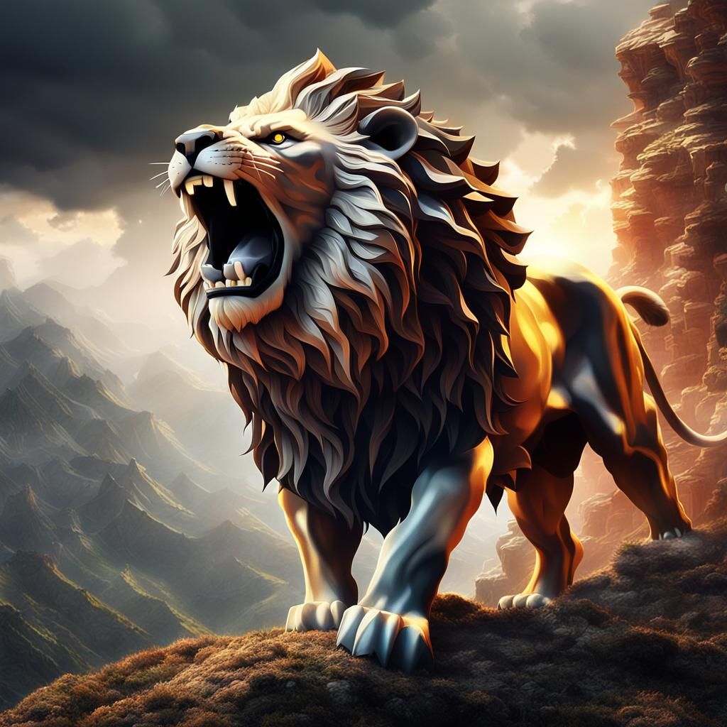 Roaring Lion on Cliff in Origami Style