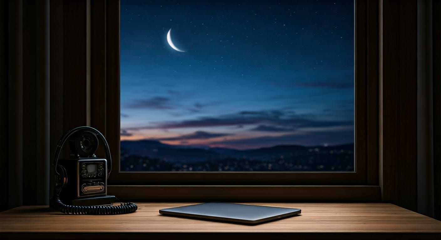 Night Sky Home Office with Laptop and Headphones