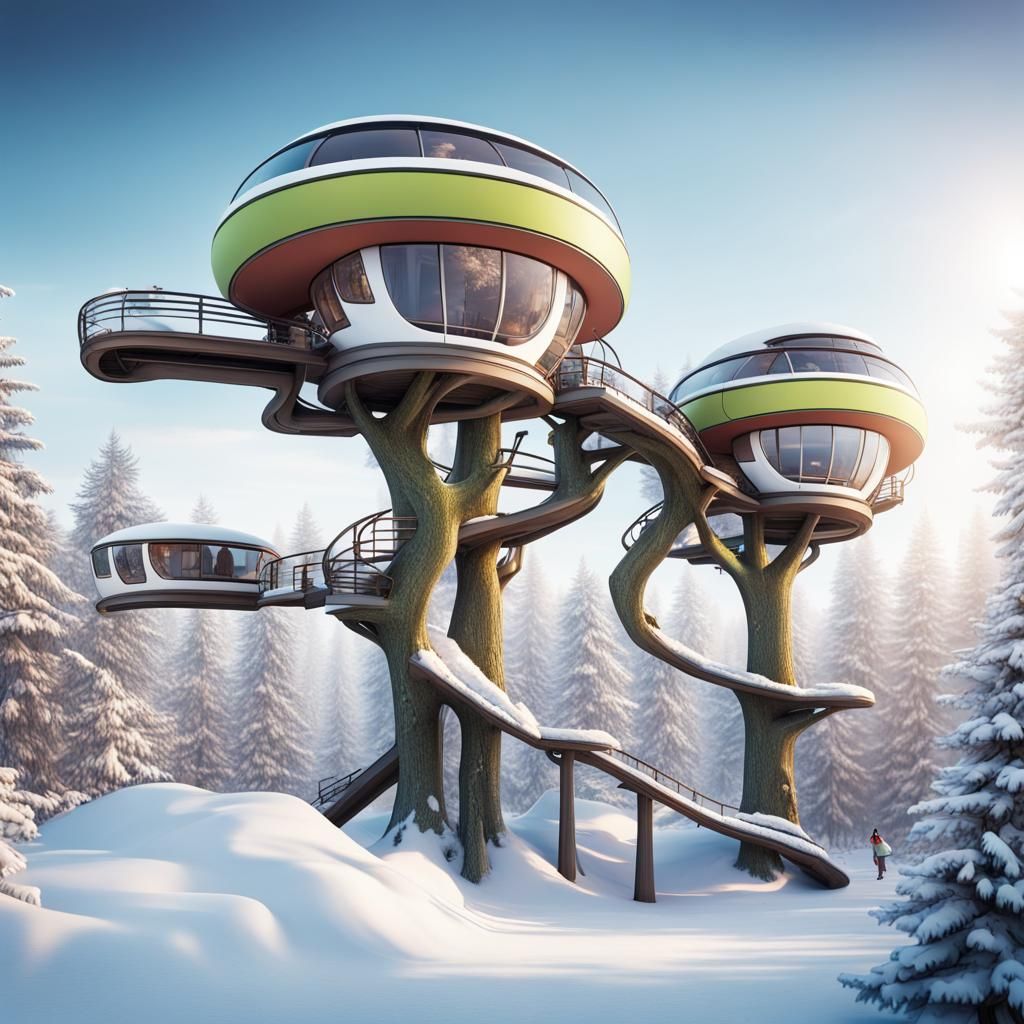 Futuristic Utopian Treehouse Suburbia in Winter