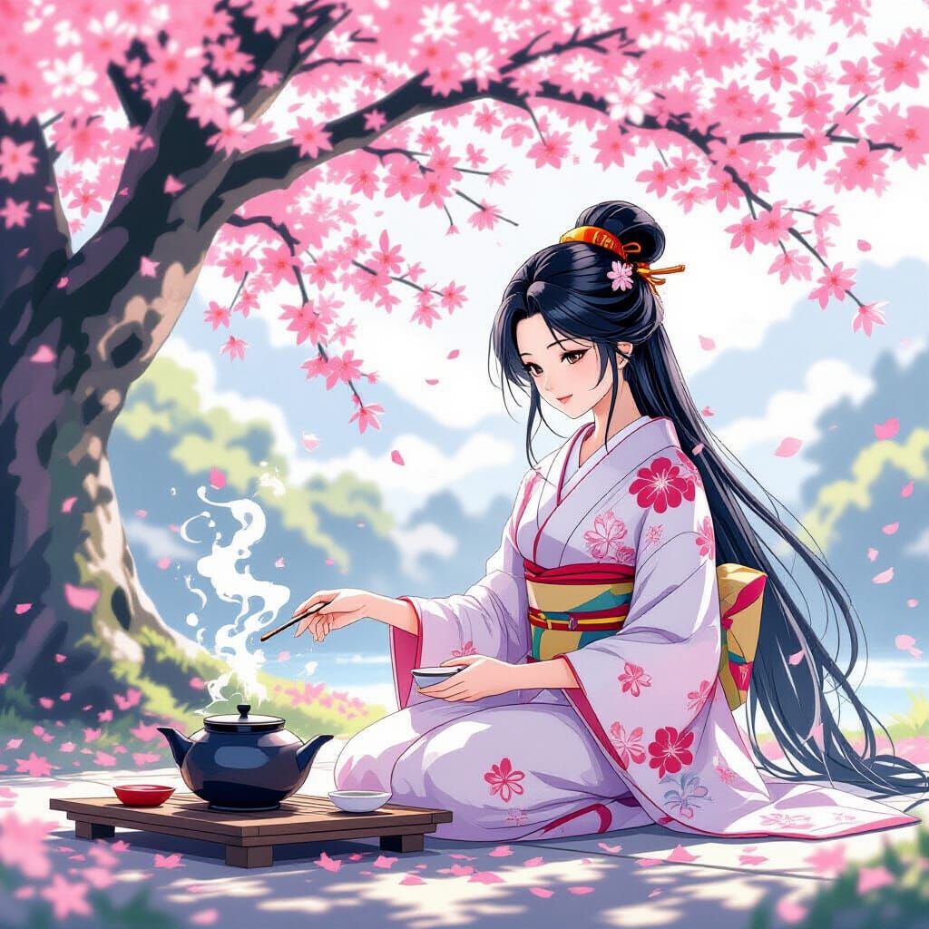 Anime Tea Ceremony Under Cherry Blossom Tree