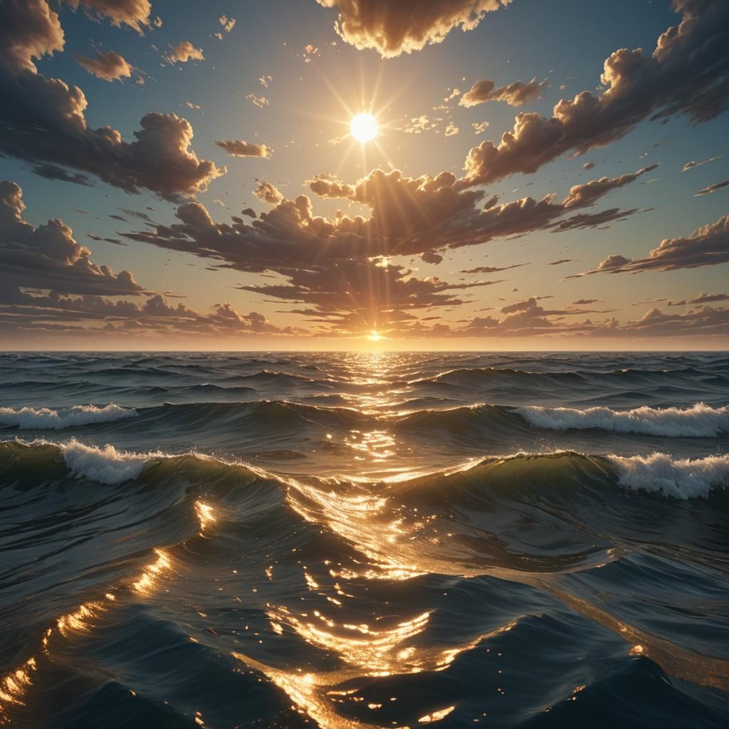 Golden Sunrise Over Calm Ocean: Fantasy Concept Art